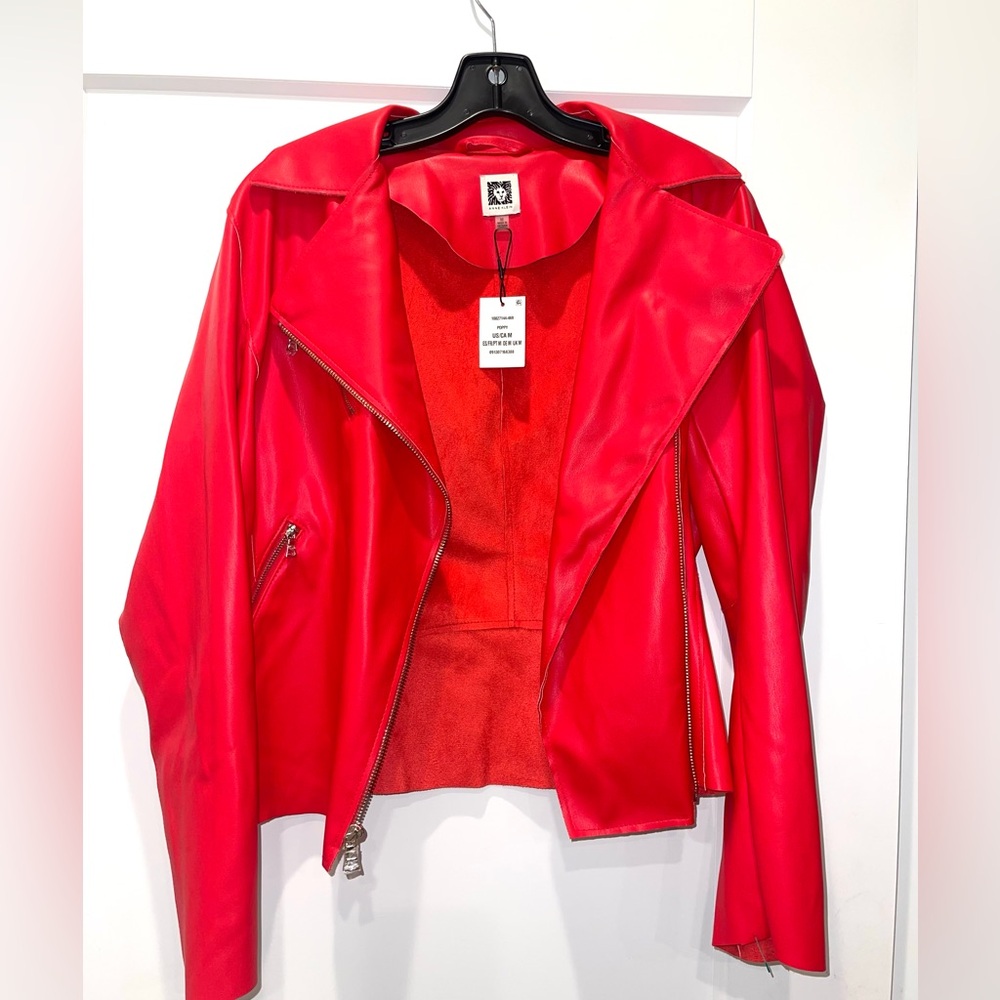 Anne Klein Red Faux leather motorcycle jacket women M
